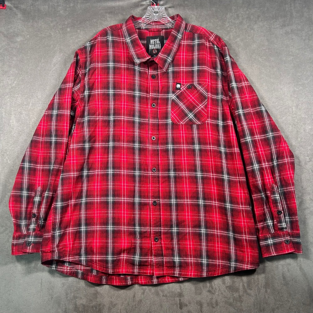 Metal Mulisha Mens 3XL Red Black Plaid Long Sleeve Button Down Flannel Shirt
